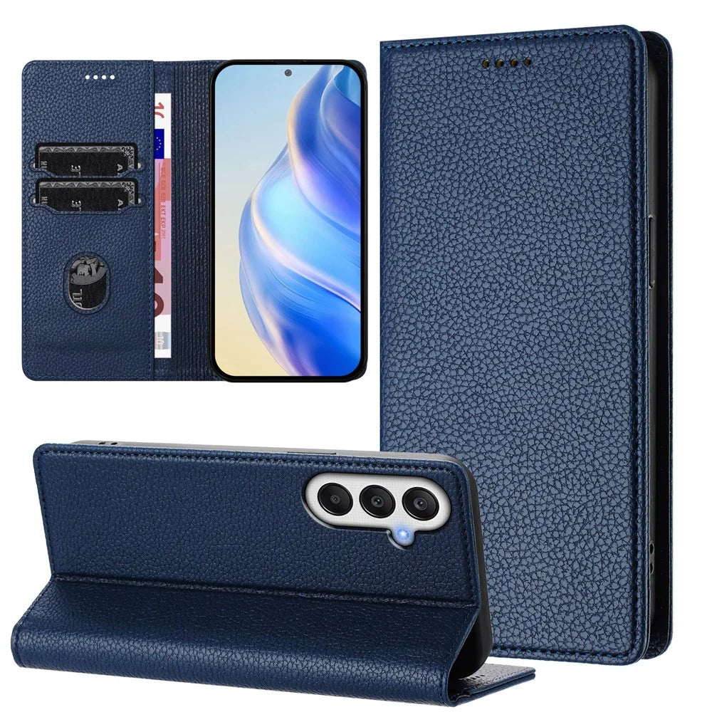 For Samsung Galaxy A35 5G Wallet Case RFID Blocking Litchi Texture Leather Mobile Cover - Dark Blue - 4