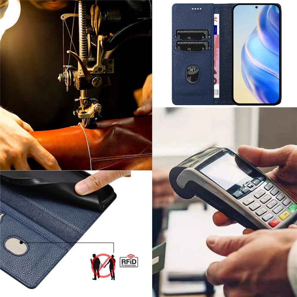 For Samsung Galaxy A35 5G Wallet Case RFID Blocking Litchi Texture Leather Mobile Cover - Dark Blue - 7