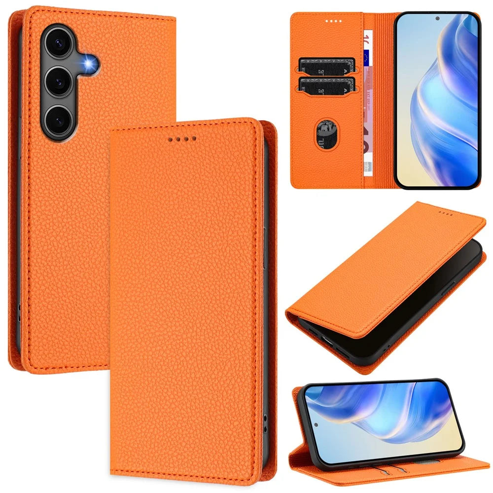 For Samsung Galaxy S24 / Galaxy S25 Wallet Case RFID Blocking Litchi Texture Leather Mobile Cover - Orange - 1
