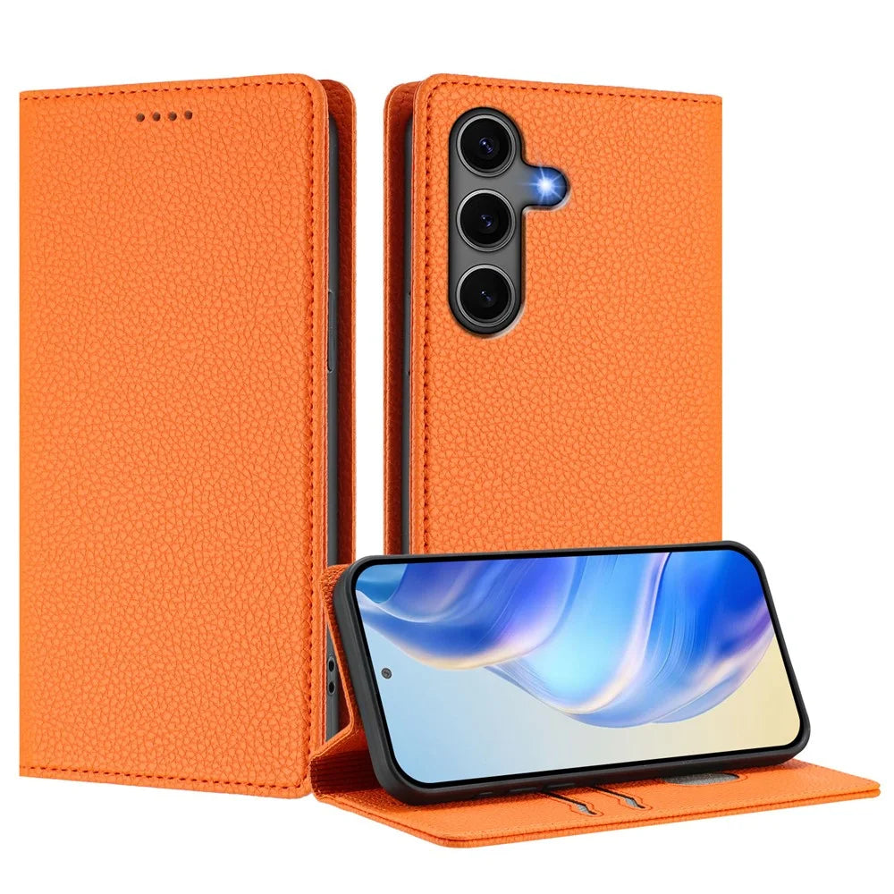 For Samsung Galaxy S24 / Galaxy S25 Wallet Case RFID Blocking Litchi Texture Leather Mobile Cover - Orange - 2