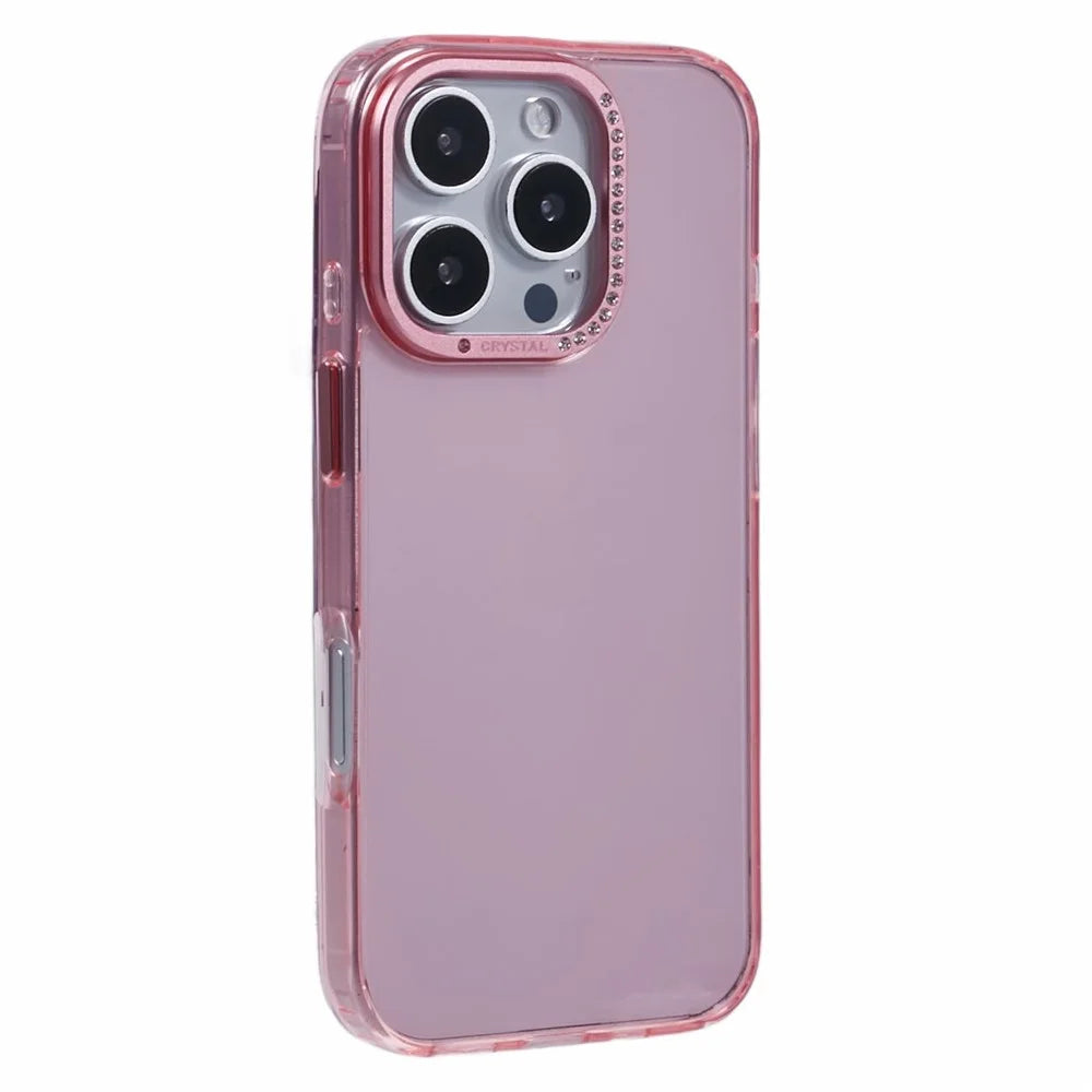 For iPhone 16 Pro Max Case TPU+PC Phone Back Cover Lens Frame Rhinestone Decorated - Transparent Pink - 1