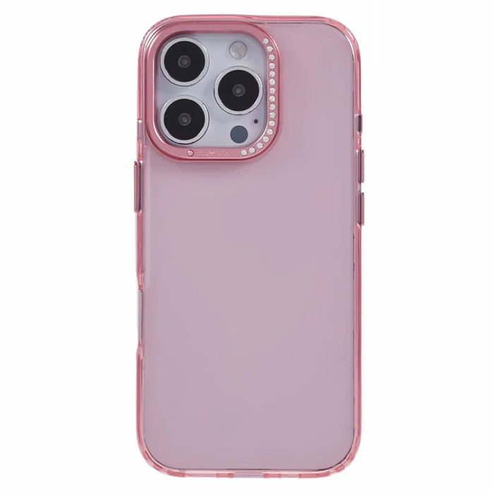 For iPhone 16 Pro Max Case TPU+PC Phone Back Cover Lens Frame Rhinestone Decorated - Transparent Pink - 3