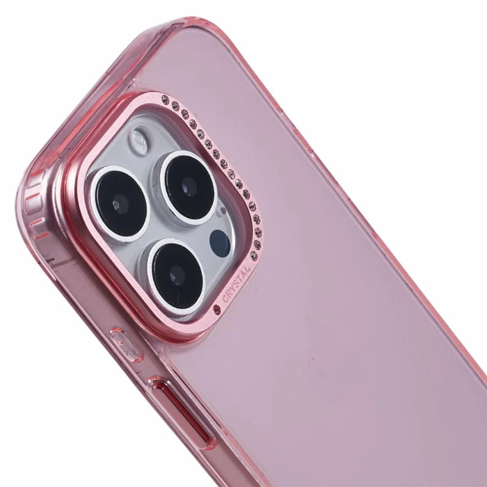 For iPhone 16 Pro Max Case TPU+PC Phone Back Cover Lens Frame Rhinestone Decorated - Transparent Pink - 4