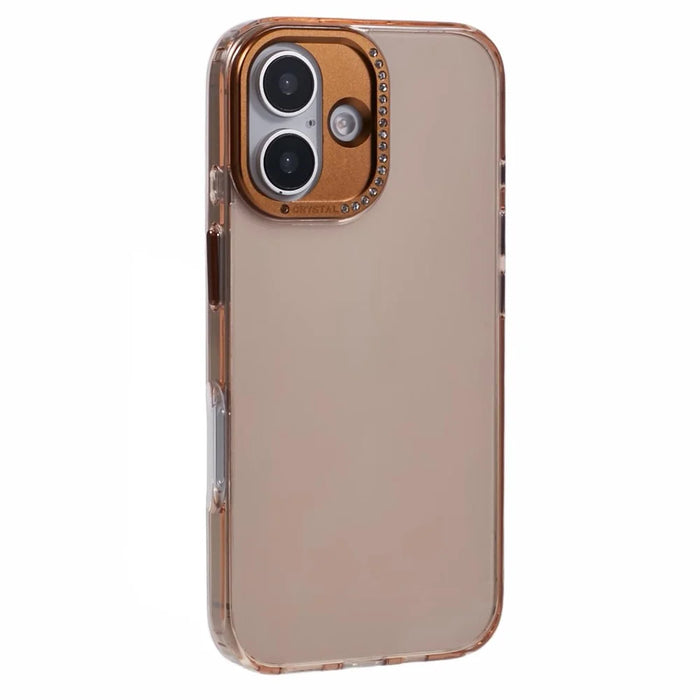 For iPhone 16 Plus Case TPU+PC Phone Back Cover Lens Frame Rhinestone Decorated - Transparent Gold - 1