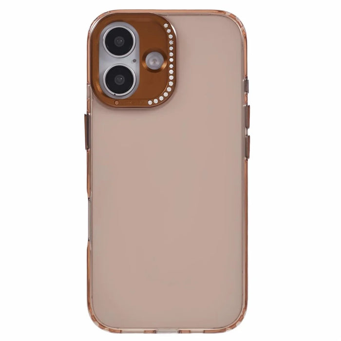 For iPhone 16 Plus Case TPU+PC Phone Back Cover Lens Frame Rhinestone Decorated - Transparent Gold - 3