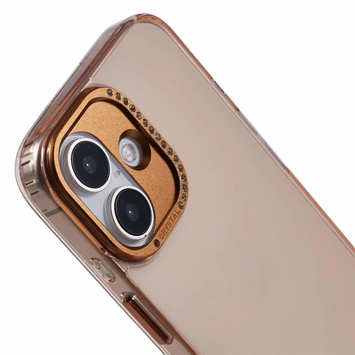 For iPhone 16 Plus Case TPU+PC Phone Back Cover Lens Frame Rhinestone Decorated - Transparent Gold - 4