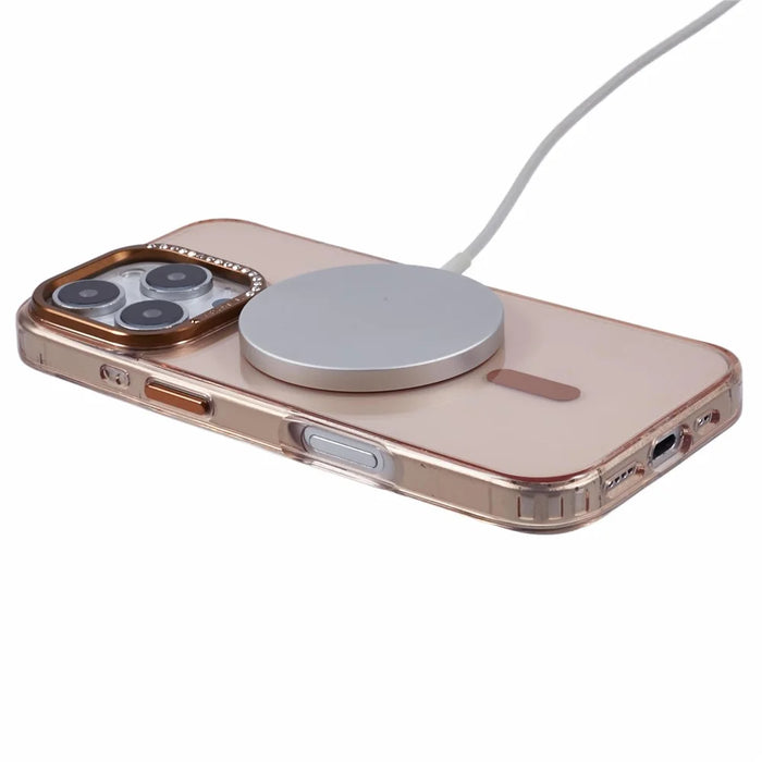 For iPhone 16 Pro Max Case Compatible with MagSafe TPU+PC Phone Back Cover Rhinestone Decor - Transparent Gold - 4