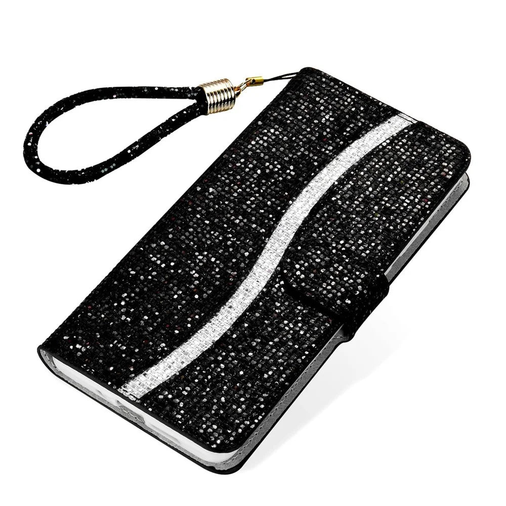 For Samsung Galaxy S25 Ultra Case PU Leather Wallet Card Slots Glitter Phone Cover - Black - 7