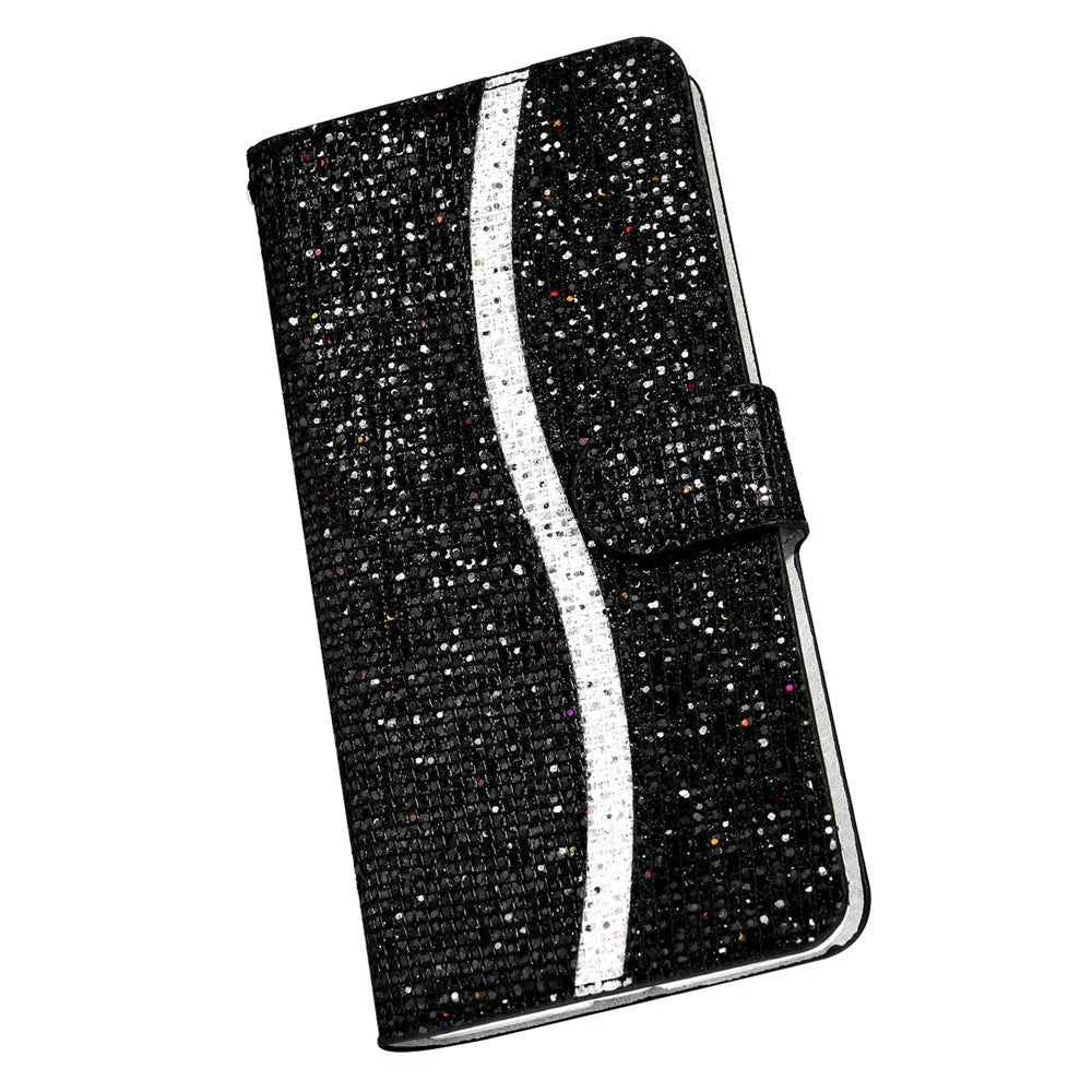 For Samsung Galaxy S23 FE Case PU Leather Wallet Card Slots Glitter Phone Cover - Black - 7