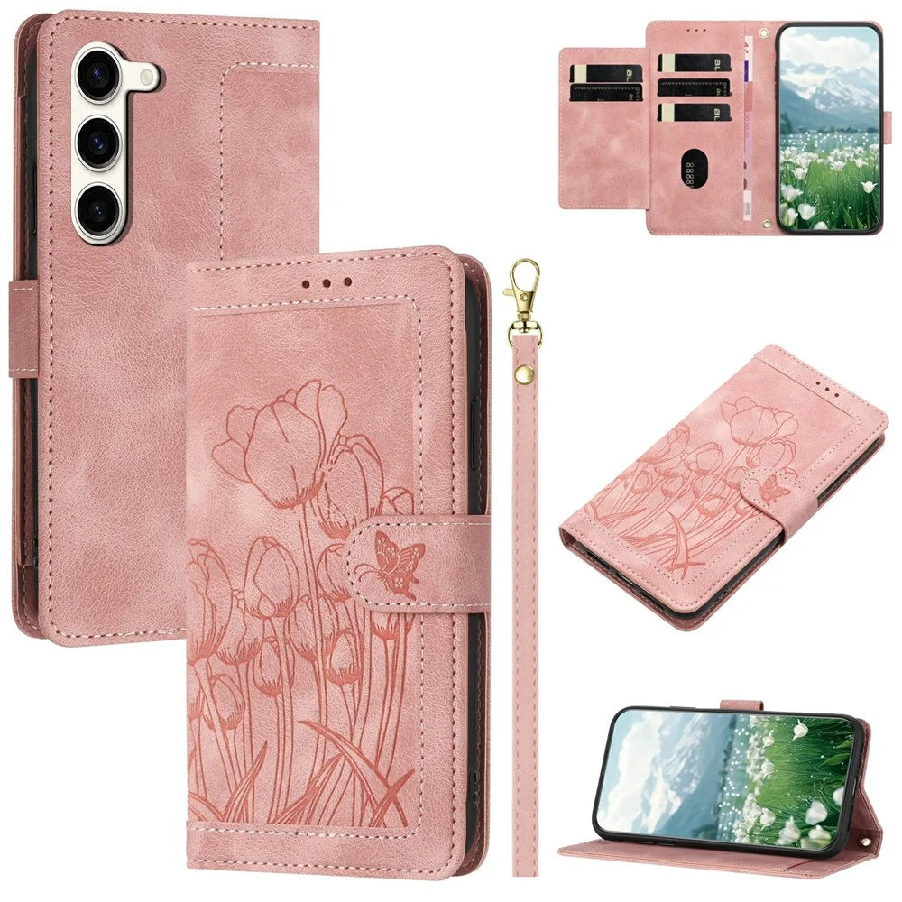 For Samsung Galaxy S23+ Case Tulip Leather Phone Cover with 5 Card Slots Wallet - Pink - 1