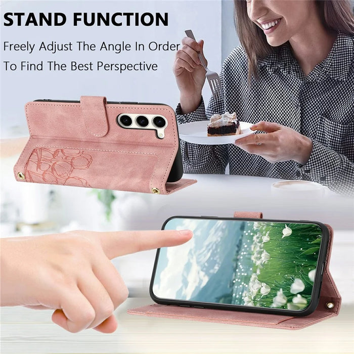 For Samsung Galaxy S23+ Case Tulip Leather Phone Cover with 5 Card Slots Wallet - Pink - 4