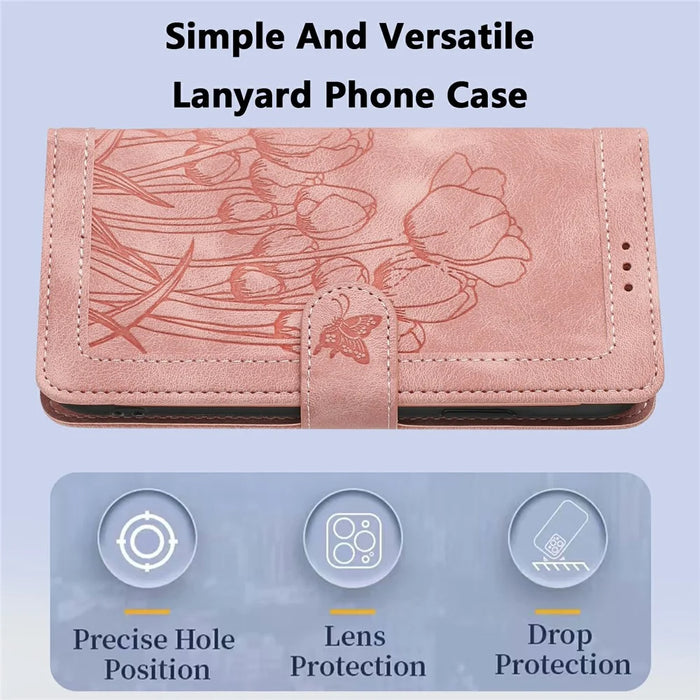 For Samsung Galaxy S23+ Case Tulip Leather Phone Cover with 5 Card Slots Wallet - Pink - 7