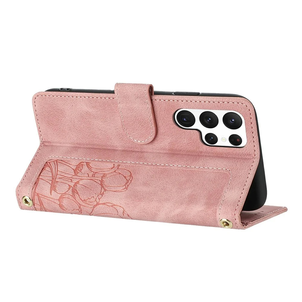 For Samsung Galaxy S23 Ultra Case Tulip Leather Phone Cover with 5 Card Slots Wallet - Pink - 2