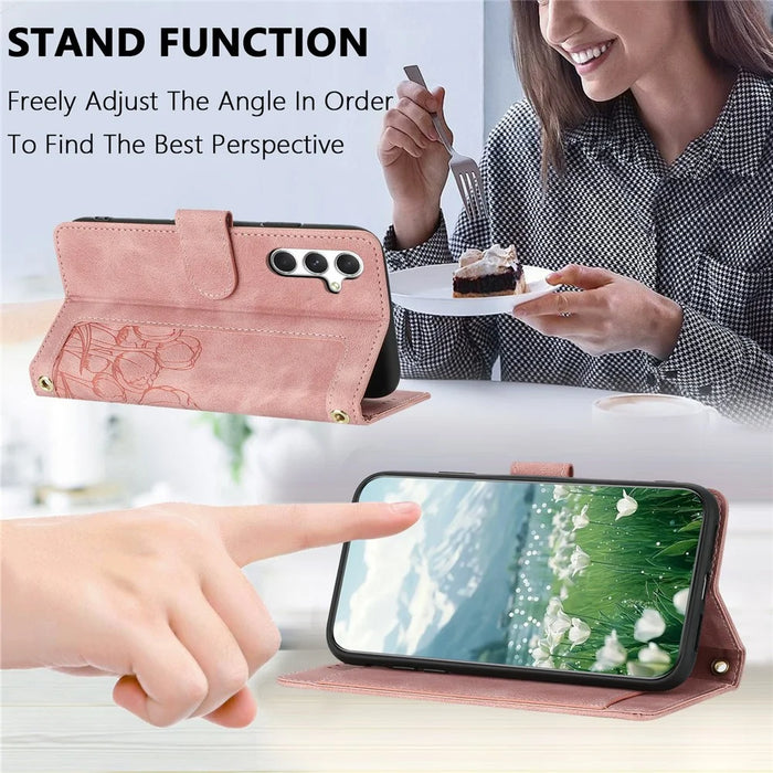 For Samsung Galaxy S24+ Case Tulip Leather Phone Cover with 5 Card Slots Wallet - Pink - 4