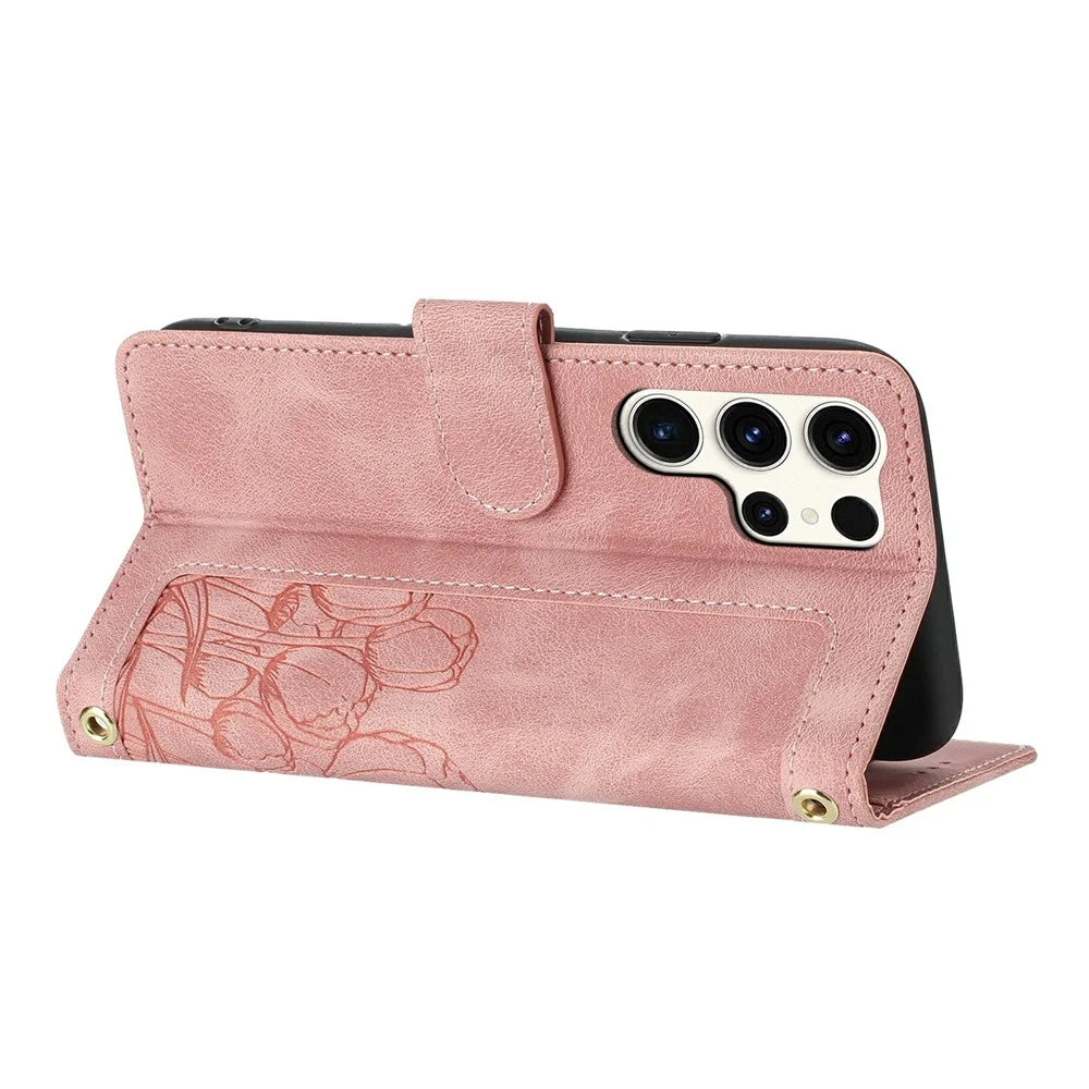 For Samsung Galaxy S24 Ultra Case Tulip Leather Phone Cover with 5 Card Slots Wallet - Pink - 2