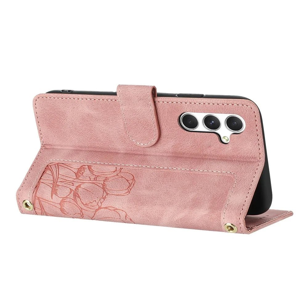 For Samsung Galaxy S25+ Case Tulip Leather Phone Cover with 5 Card Slots Wallet - Pink - 2