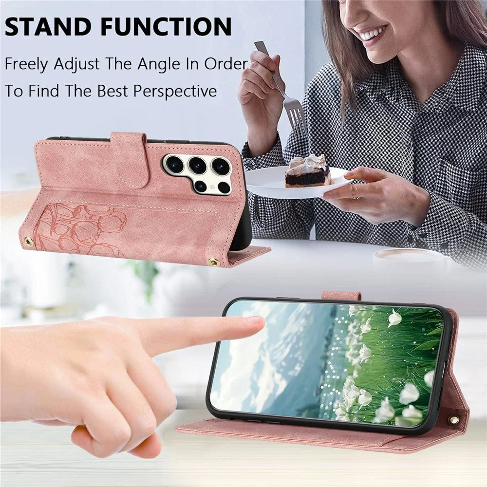 For Samsung Galaxy S25 Ultra Case Tulip Leather Phone Cover with 5 Card Slots Wallet - Pink - 4