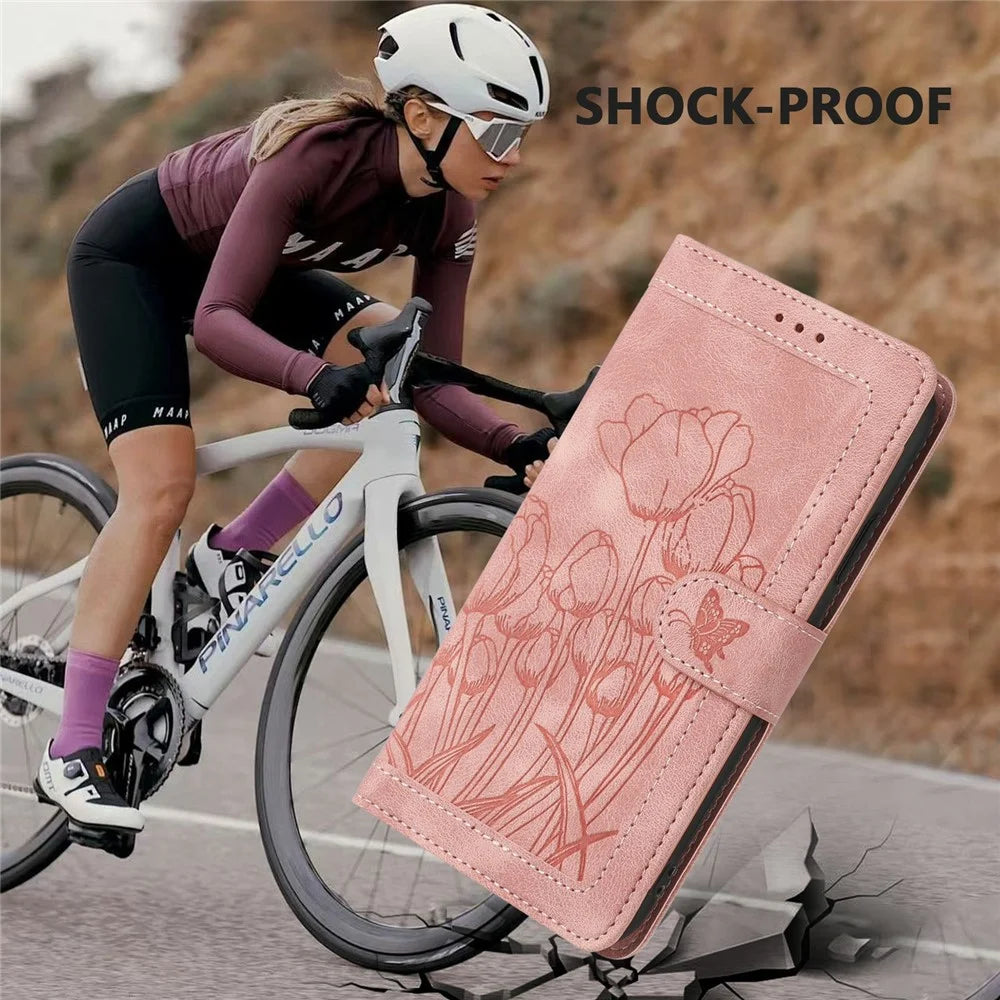 For Samsung Galaxy S25 Ultra Case Tulip Leather Phone Cover with 5 Card Slots Wallet - Pink - 5