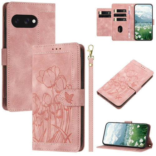 For Google Pixel 9a Case Tulip Leather Phone Cover with 5 Card Slots Wallet - Pink - 1