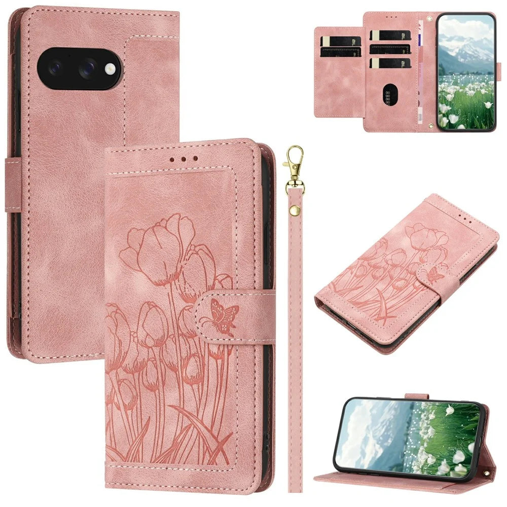 For Google Pixel 9a Case Tulip Leather Phone Cover with 5 Card Slots Wallet - Pink - 1