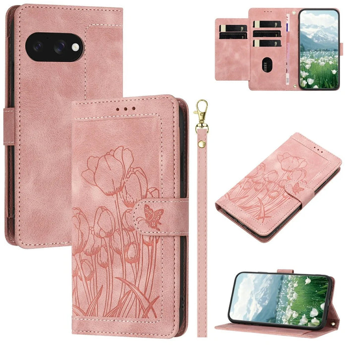 For Google Pixel 9a Case Tulip Leather Phone Cover with 5 Card Slots Wallet - Pink - 1