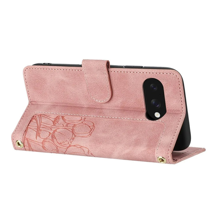 For Google Pixel 9a Case Tulip Leather Phone Cover with 5 Card Slots Wallet - Pink - 2
