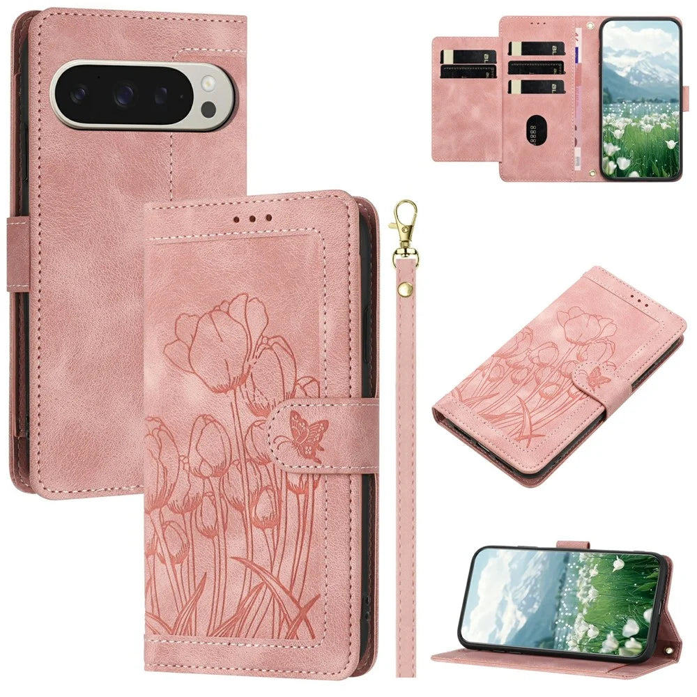 For Google Pixel 9 Pro XL Case Tulip Leather Phone Cover with 5 Card Slots Wallet - Pink - 1