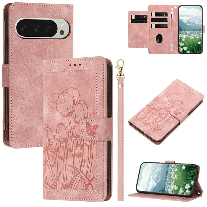 For Google Pixel 9 Pro XL Case Tulip Leather Phone Cover with 5 Card Slots Wallet - Pink - 1