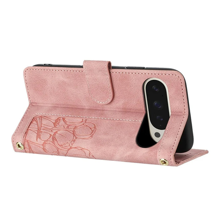 For Google Pixel 9 Pro XL Case Tulip Leather Phone Cover with 5 Card Slots Wallet - Pink - 2