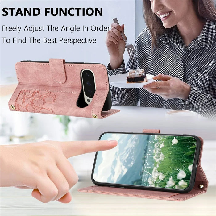 For Google Pixel 9 Pro XL Case Tulip Leather Phone Cover with 5 Card Slots Wallet - Pink - 4