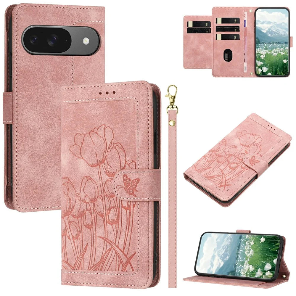 For Google Pixel 9 Pro / Pixel 9 Case Tulip Leather Phone Cover with 5 Card Slots Wallet - Pink - 1