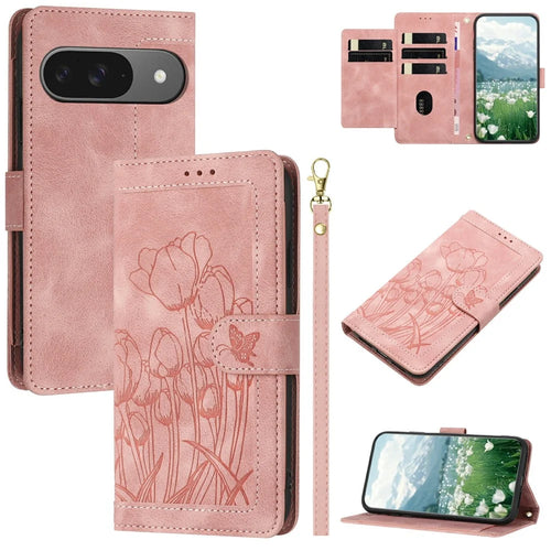 For Google Pixel 9 Pro / Pixel 9 Case Tulip Leather Phone Cover with 5 Card Slots Wallet - Pink - 1