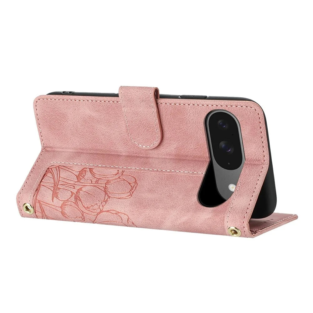 For Google Pixel 9 Pro / Pixel 9 Case Tulip Leather Phone Cover with 5 Card Slots Wallet - Pink - 2