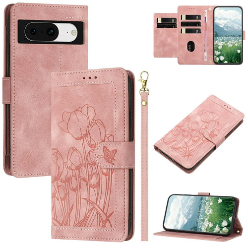 For Google Pixel 8a Case Tulip Leather Phone Cover with 5 Card Slots Wallet - Pink - 1