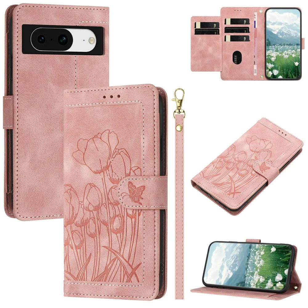 For Google Pixel 8a Case Tulip Leather Phone Cover with 5 Card Slots Wallet - Pink - 1