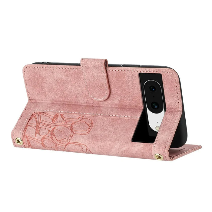 For Google Pixel 8a Case Tulip Leather Phone Cover with 5 Card Slots Wallet - Pink - 2