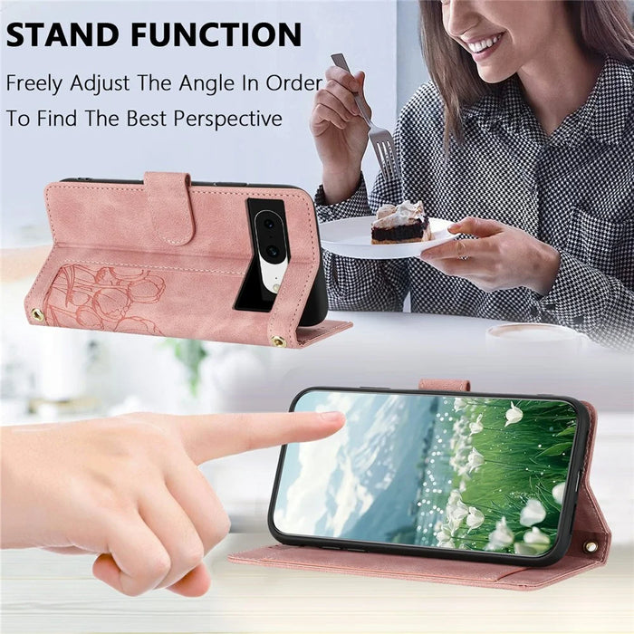 For Google Pixel 8a Case Tulip Leather Phone Cover with 5 Card Slots Wallet - Pink - 4