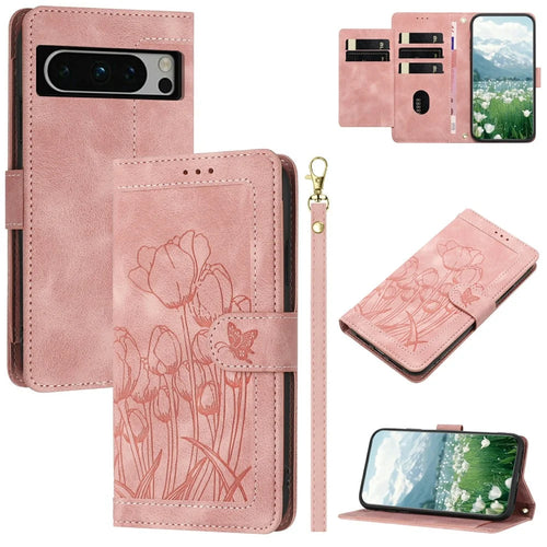 For Google Pixel 8 Pro Case Tulip Leather Phone Cover with 5 Card Slots Wallet - Pink - 1