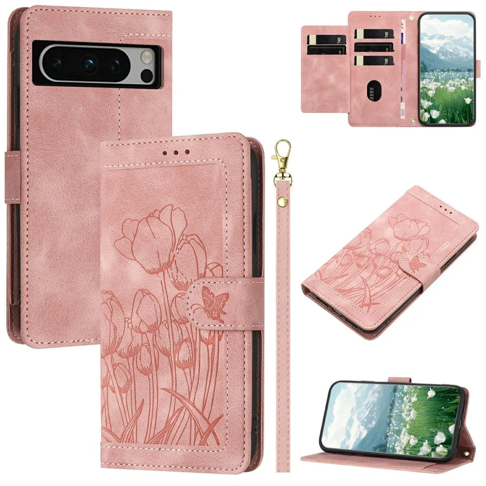 For Google Pixel 8 Pro Case Tulip Leather Phone Cover with 5 Card Slots Wallet - Pink - 1