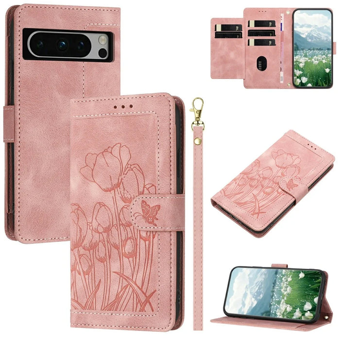 For Google Pixel 8 Pro Case Tulip Leather Phone Cover with 5 Card Slots Wallet - Pink - 1