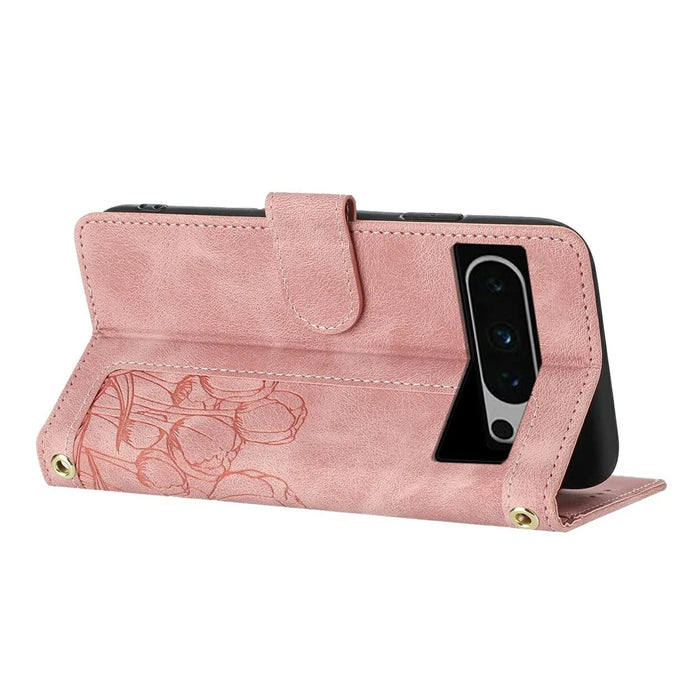 For Google Pixel 8 Pro Case Tulip Leather Phone Cover with 5 Card Slots Wallet - Pink - 2