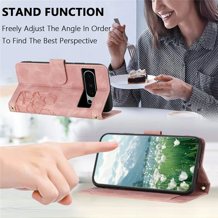 For Google Pixel 8 Pro Case Tulip Leather Phone Cover with 5 Card Slots Wallet - Pink - 4