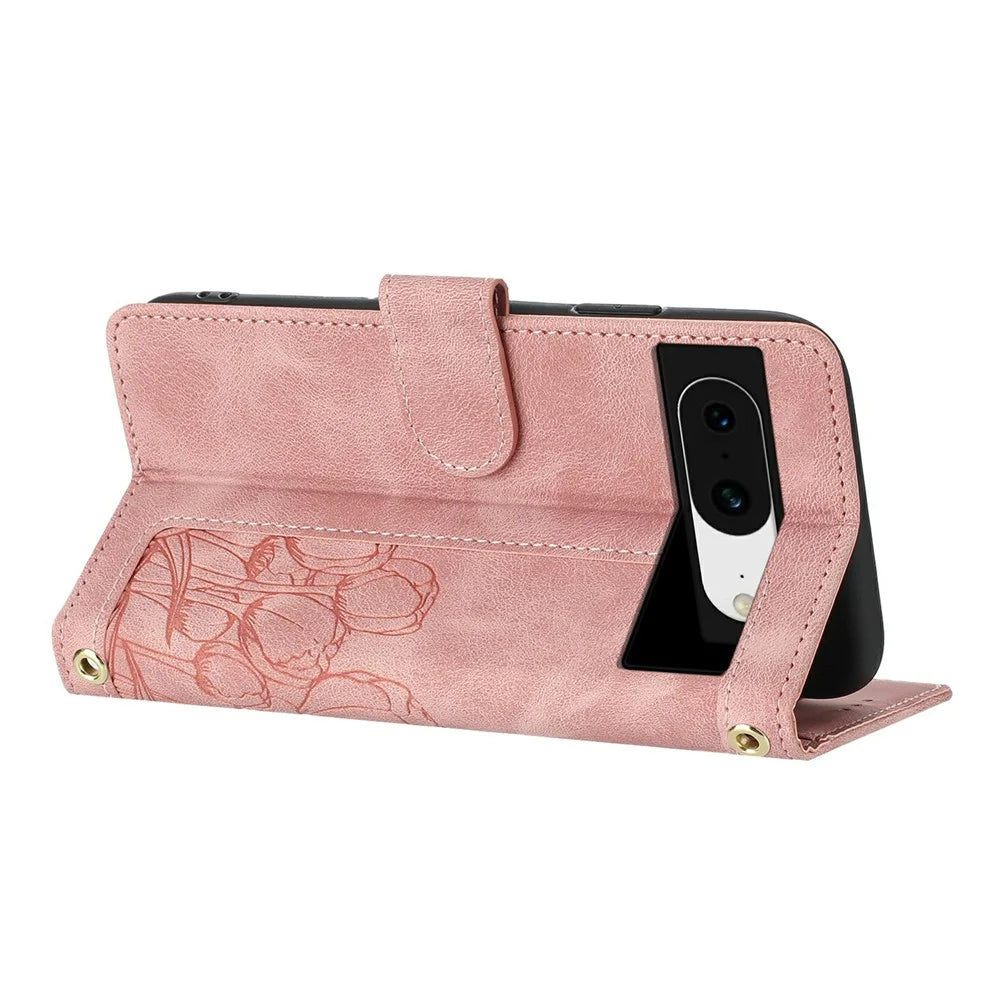 For Google Pixel 8 Case Tulip Leather Phone Cover with 5 Card Slots Wallet - Pink - 2