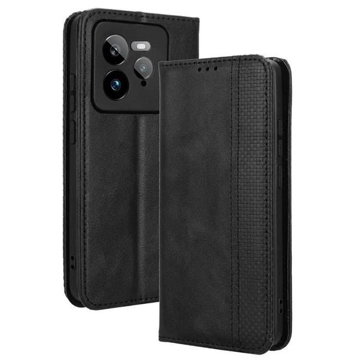 For Realme GT 7 Pro 5G Leather Case Wallet Stand Retro Texture Phone Cover - Black - 1