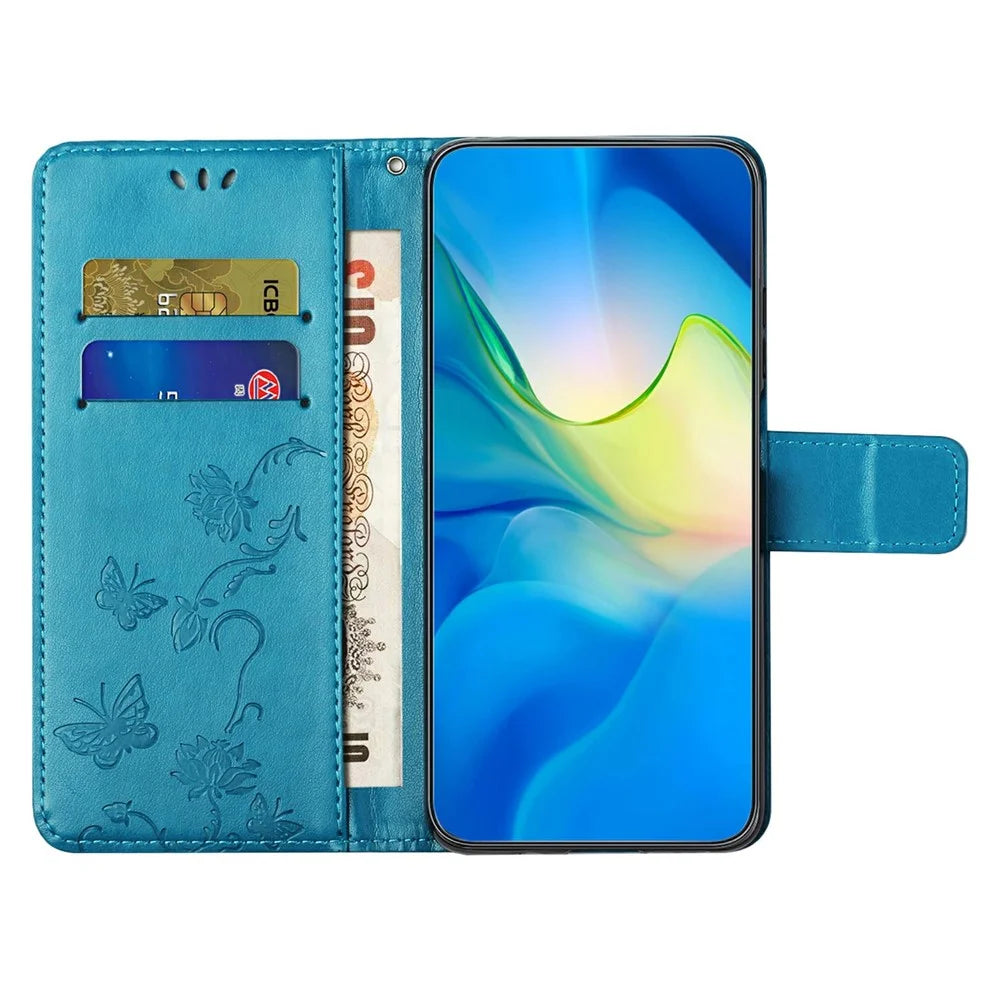 For Samsung Galaxy A18 5G / A17 5G / A17 4G / A26 5G Case Wallet Stand Imprinted Butterfly Flower PU Leather Phone Cover - Blue - 3