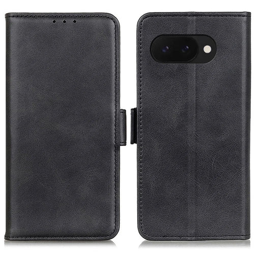 For Google Pixel 9a Case Stand Cowhide Texture PU Leather Phone Cover - Black - 1