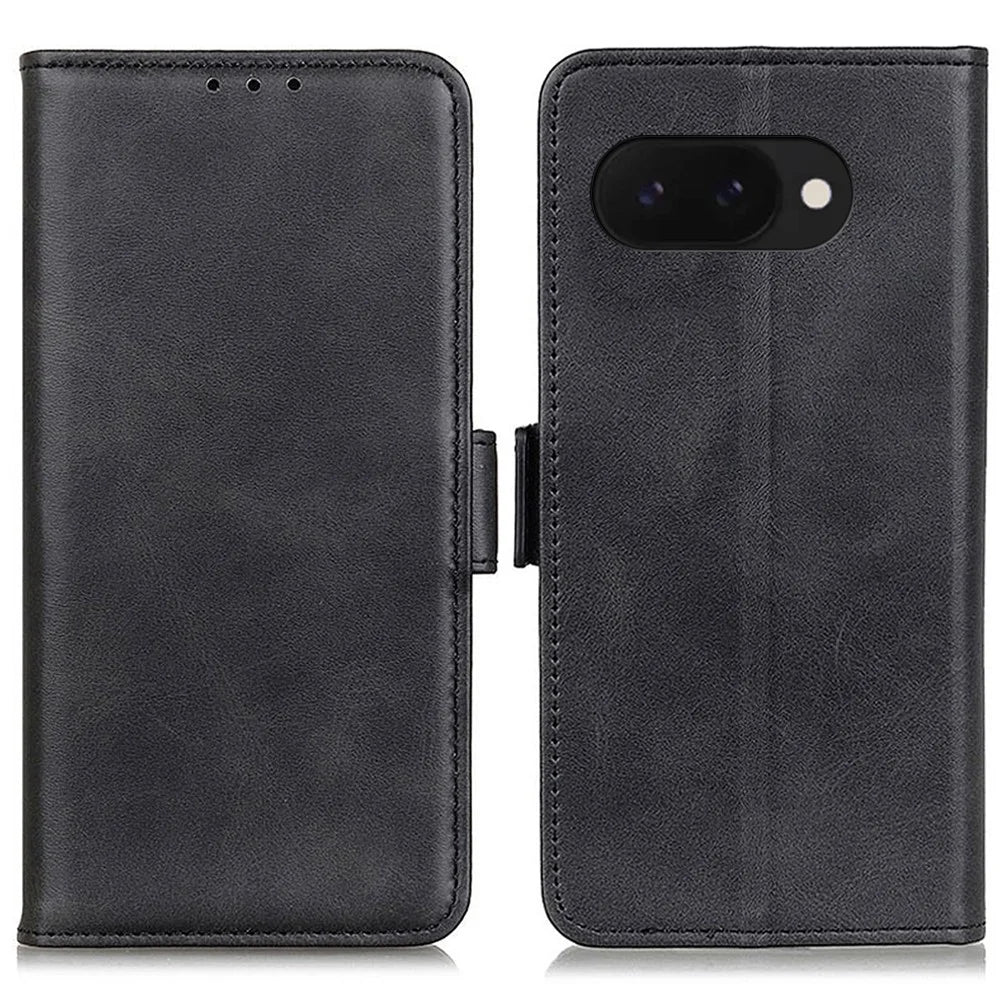 For Google Pixel 9a Case Stand Cowhide Texture PU Leather Phone Cover - Black - 1