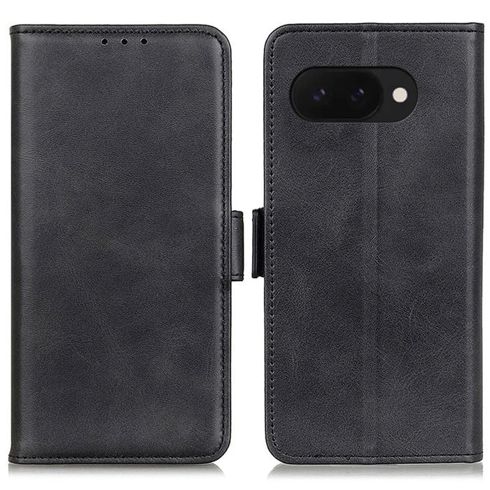 For Google Pixel 9a Case Stand Cowhide Texture PU Leather Phone Cover - Black - 1