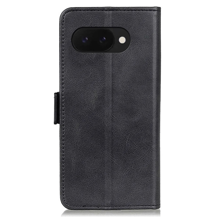 For Google Pixel 9a Case Stand Cowhide Texture PU Leather Phone Cover - Black - 6