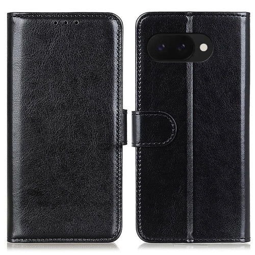 For Google Pixel 9a Case Crazy Horse Texture PU Leather Phone Stand Cover - Black - 1